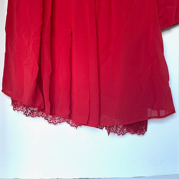 The Kooples Red Lace Chiffon Shift Dress Medium Red Long Sleeve Pleated Mini - Picture 8 of 9